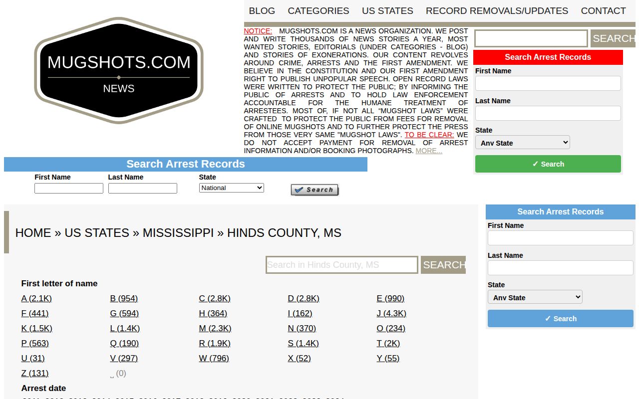 Mugshots.com Hinds County secondary booking-record index screenshot