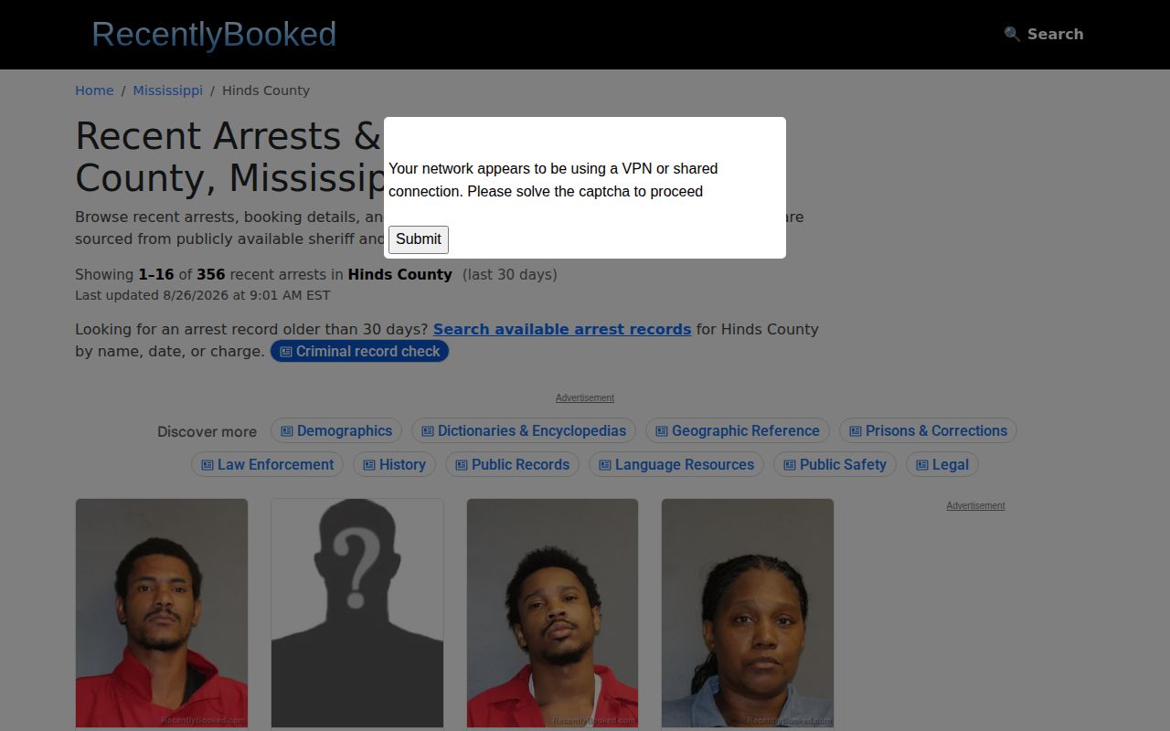 RecentlyBooked Hinds County booking-record publisher screenshot