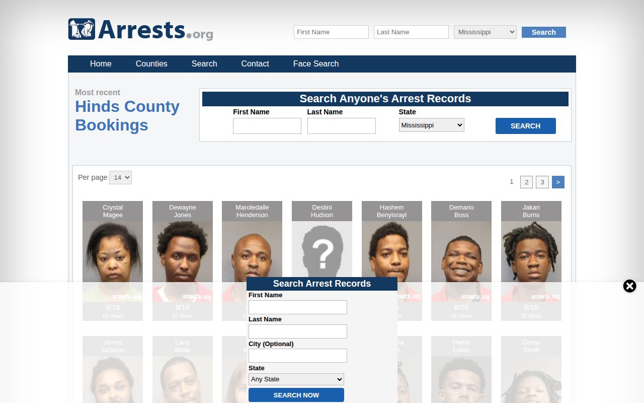 Arrests.org Hinds County arrest-record publisher screenshot