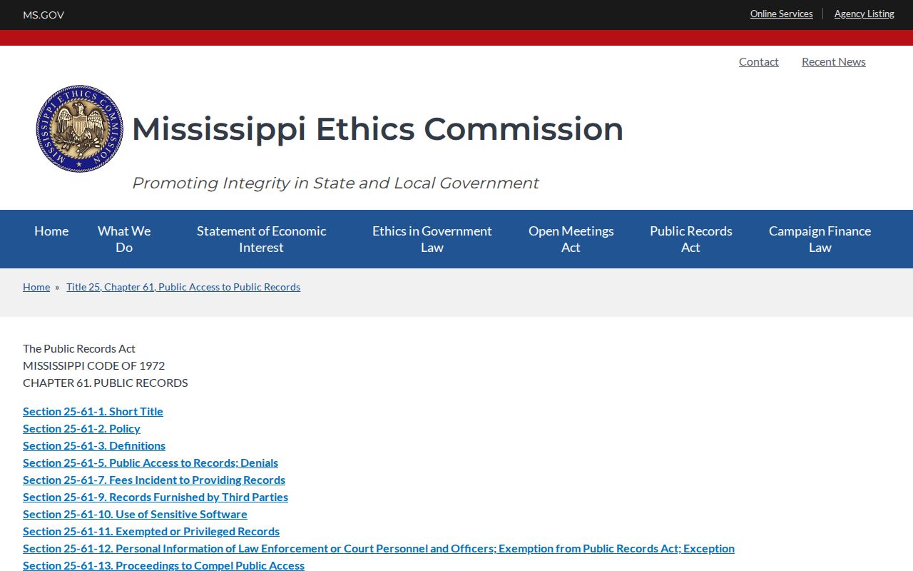Hinds County booking-record access information from the Mississippi Public Records Act