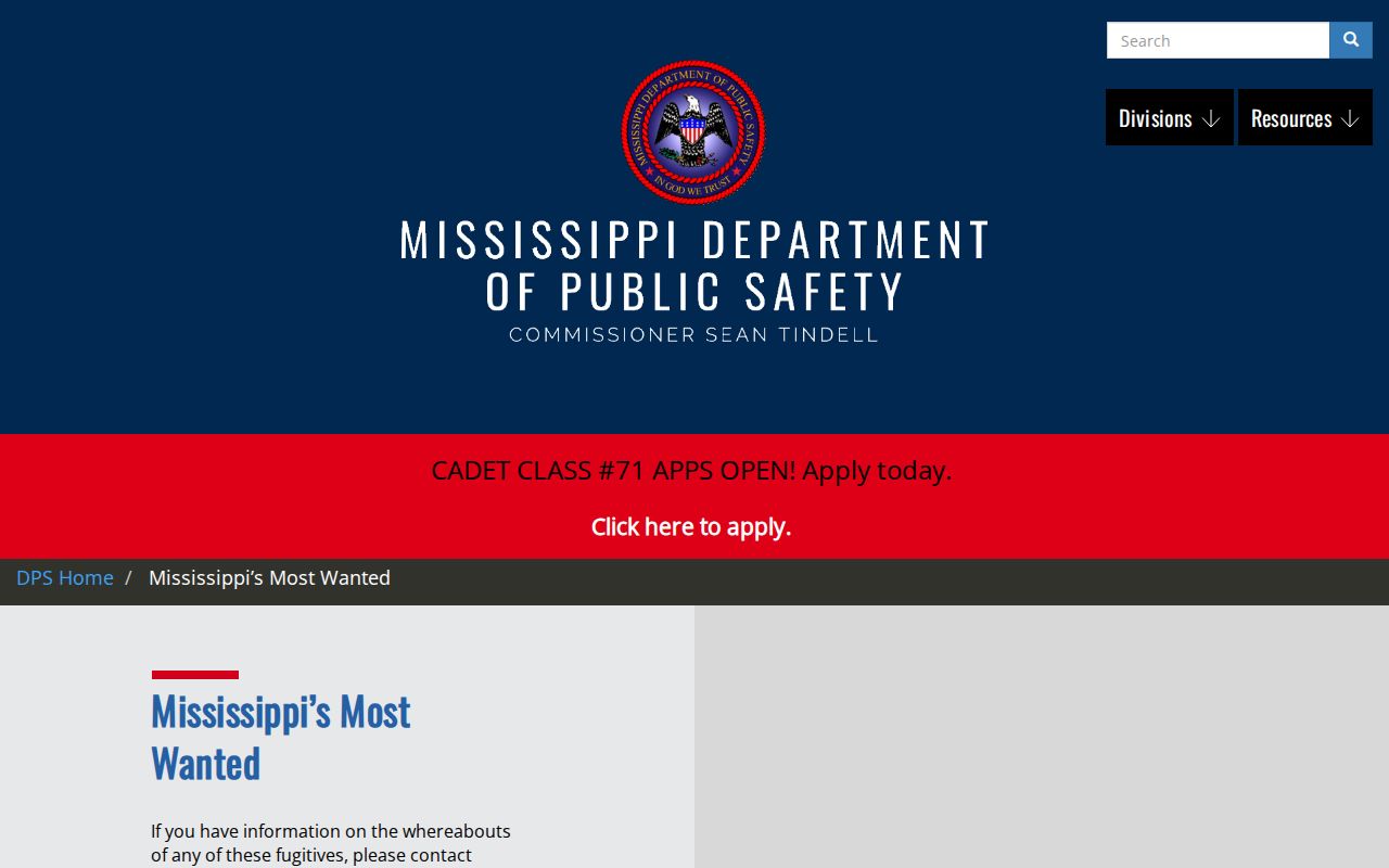 Hinds County wanted-record reference showing the Mississippi DPS Most Wanted interface