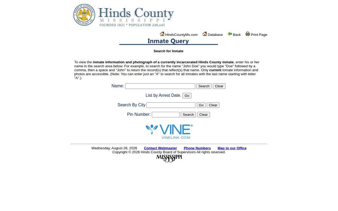 Official Hinds County current inmate query for booking photographs